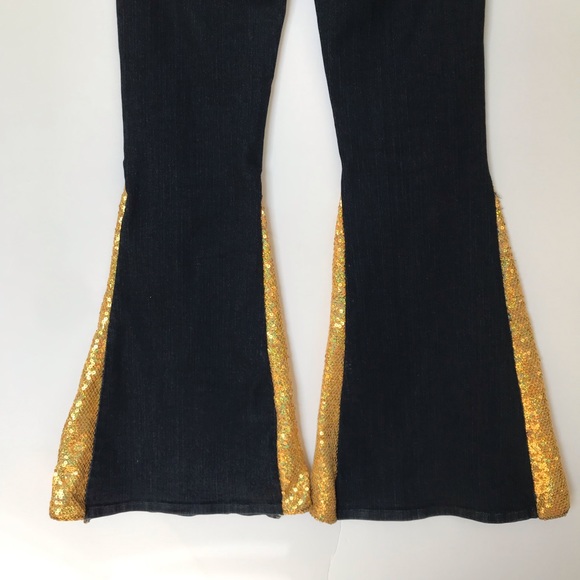 Vintage LVL X Black Denim Gold Sequin Hand Altered Flare Jeans - Picture 9 of 13